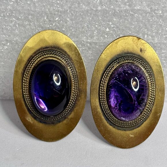 Vintage Oval Clip-On Earrings with Purple Cabochon Center – Brass Tone - Picture 1 of 4